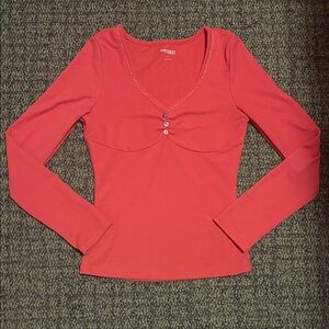 Y2K Vintage Wash Deep V-Neck Long Sleeve Faux Button-Front Light Burgundy Top